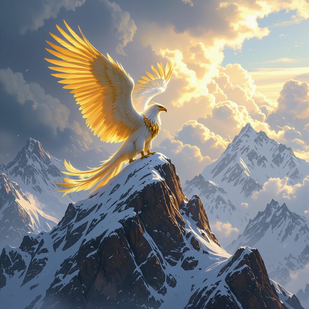 Golden Griffin on Snowy Peak in Dramatic Lighting