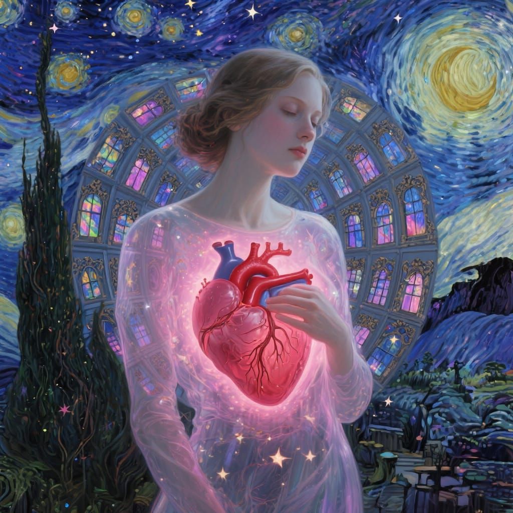 Ethereal Woman with Baroque Heart in Cosmic Galaxy