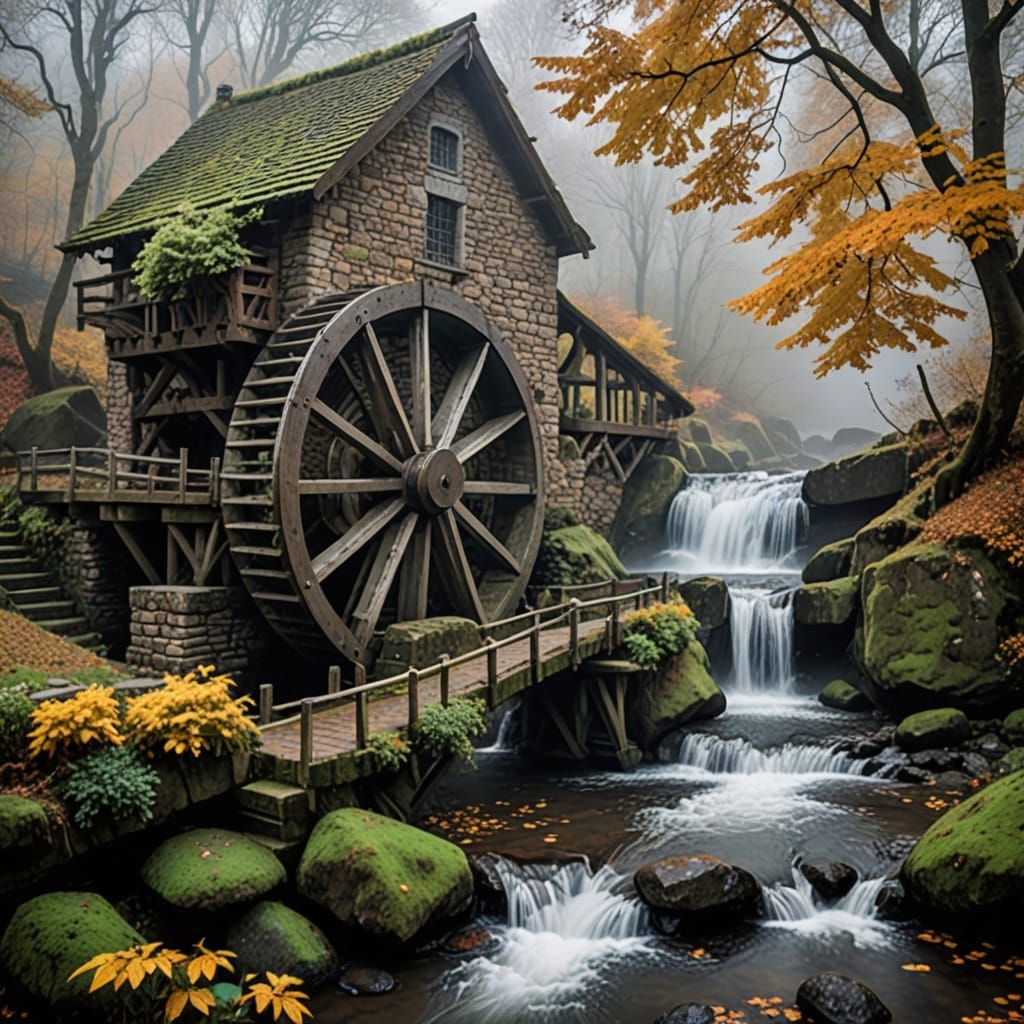 A German Waterwheel in Autumn's Misty Haze