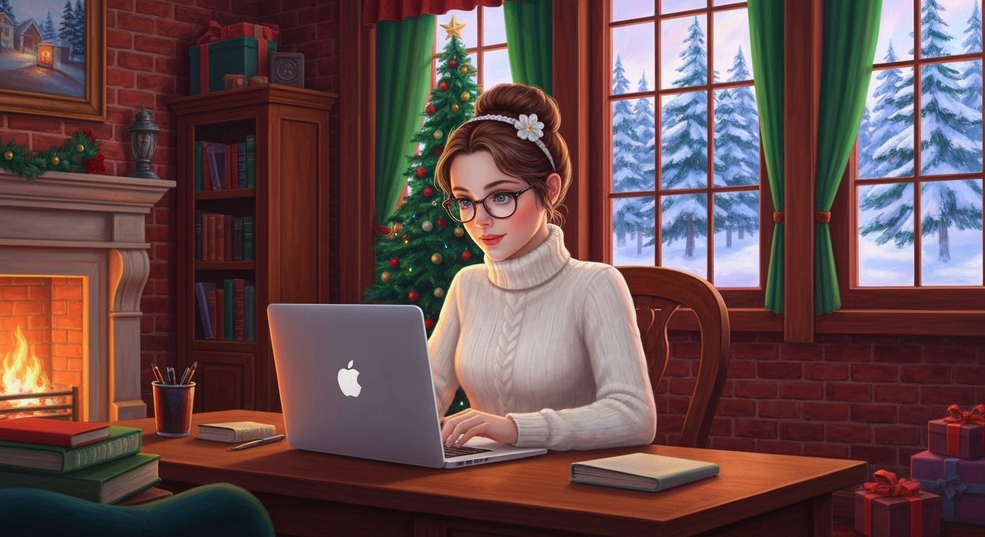 Cozy Winter Scene: Lady Working by Fireplace