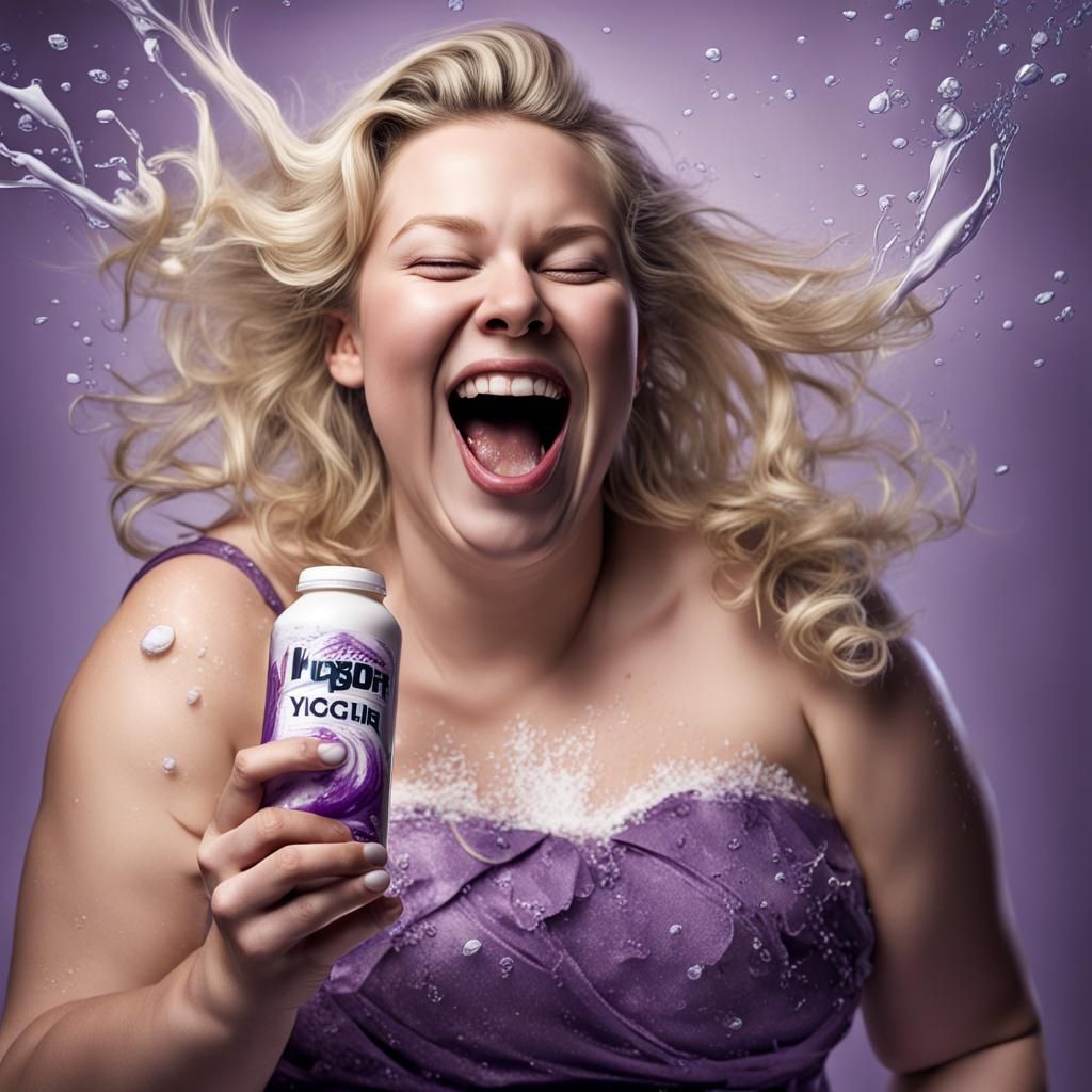 Excited Blonde with Yogurt Splash, Hyperrealistic Style