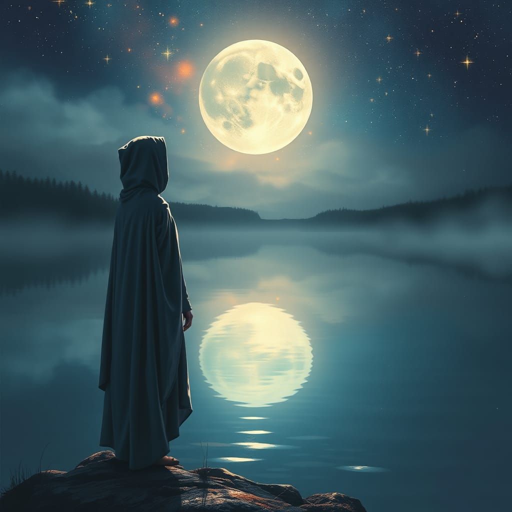 Woman Gazing at Moonlit Lake in Dreamy Style