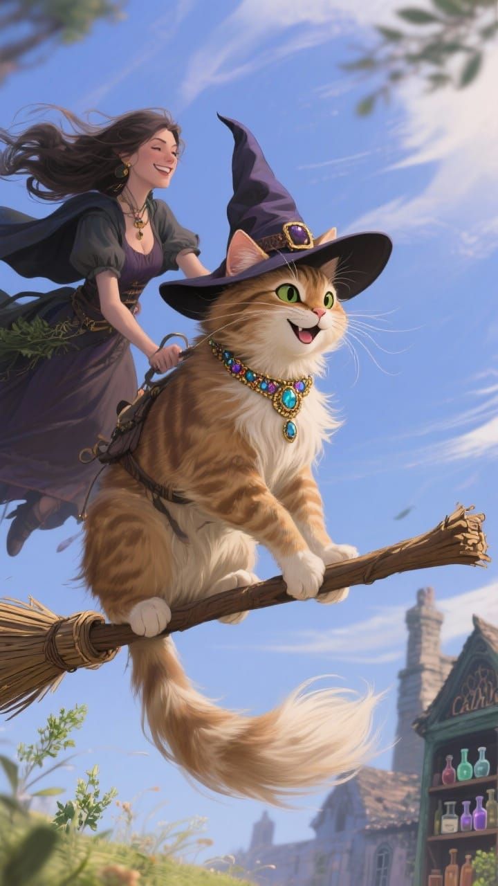 Witch and Cat Flying Broomstick to Apothecary