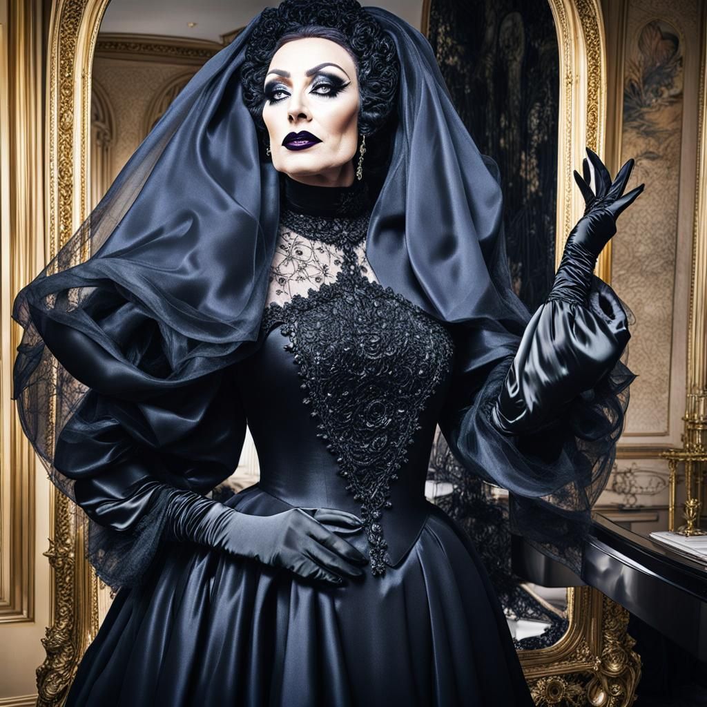 Black Satin Victorian Mourning Gown Couture