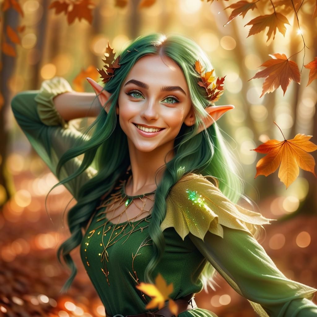 Smiling Elf Woman Dancing in Autumn Forest