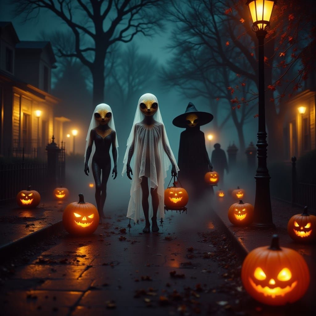 Aliens Trick-or-Treating on Halloween Night