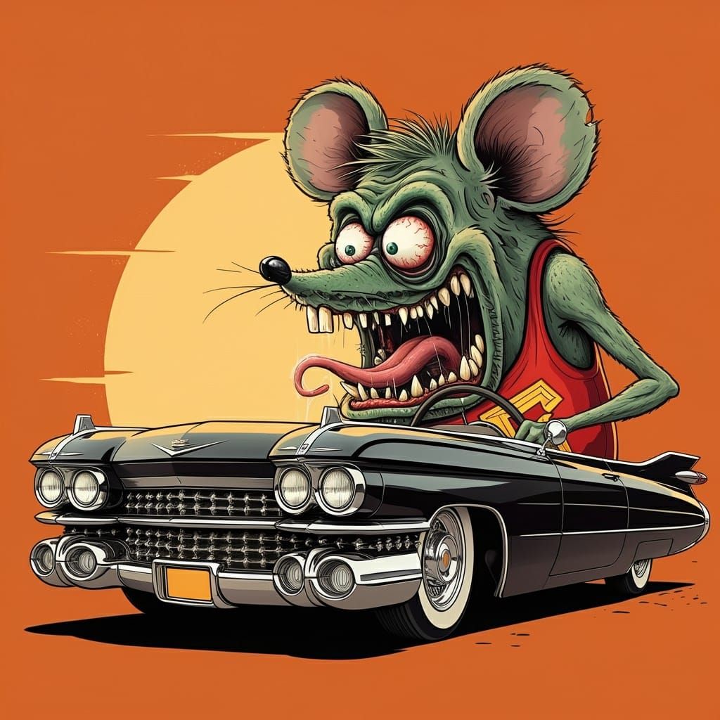 Rat Fink in Cadillac: Retro Kustom Kulture Illustration