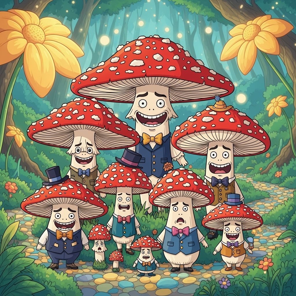 Whimsical Mushroom Family Portrait in Lush Forest