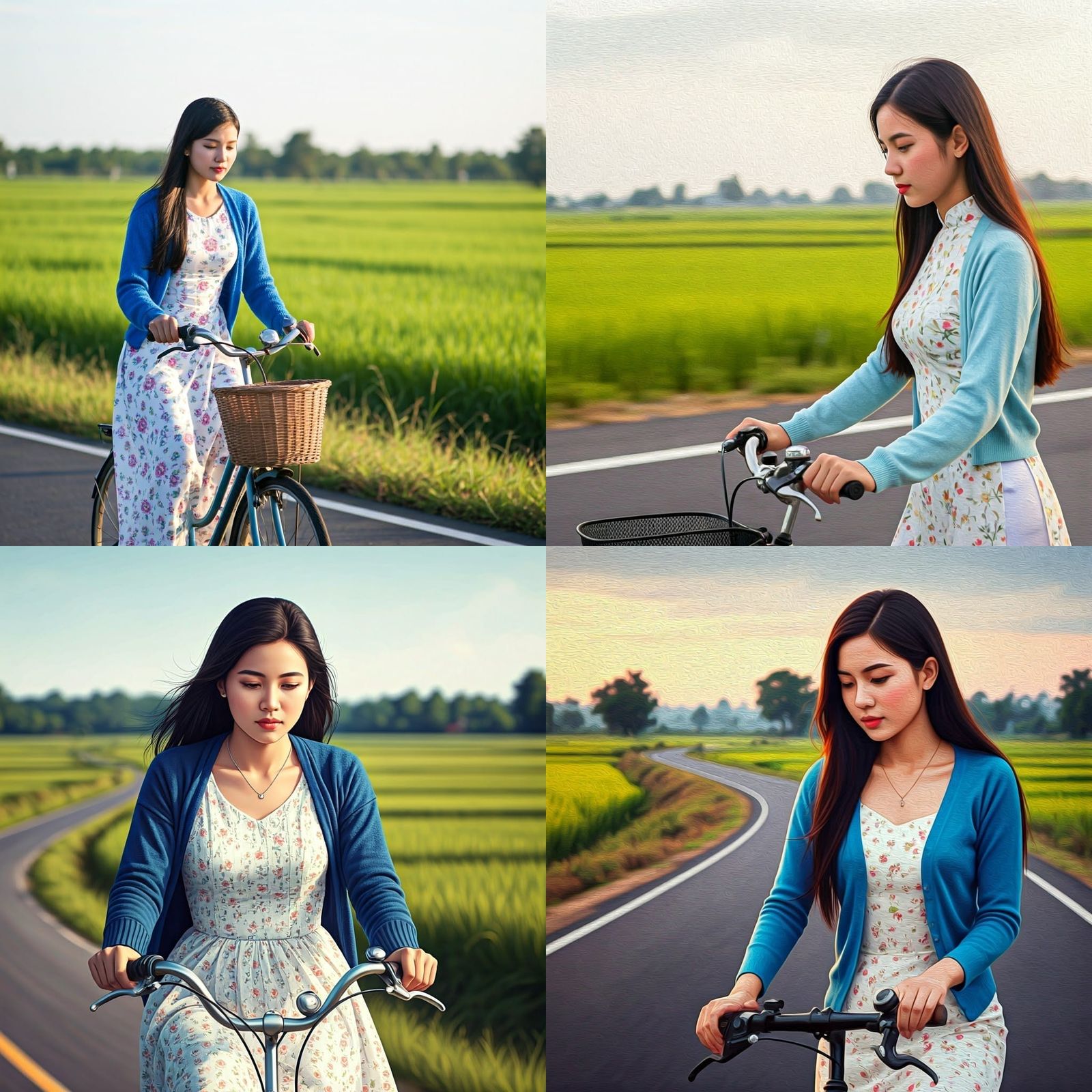 Myanmar Woman Cycling in Acrylic Art Style