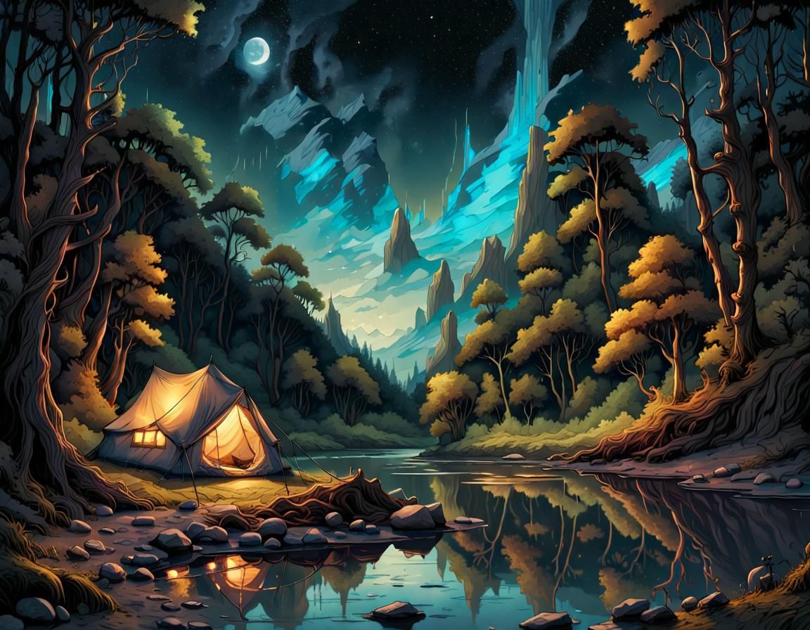 Night Forest River Landscape With Tent