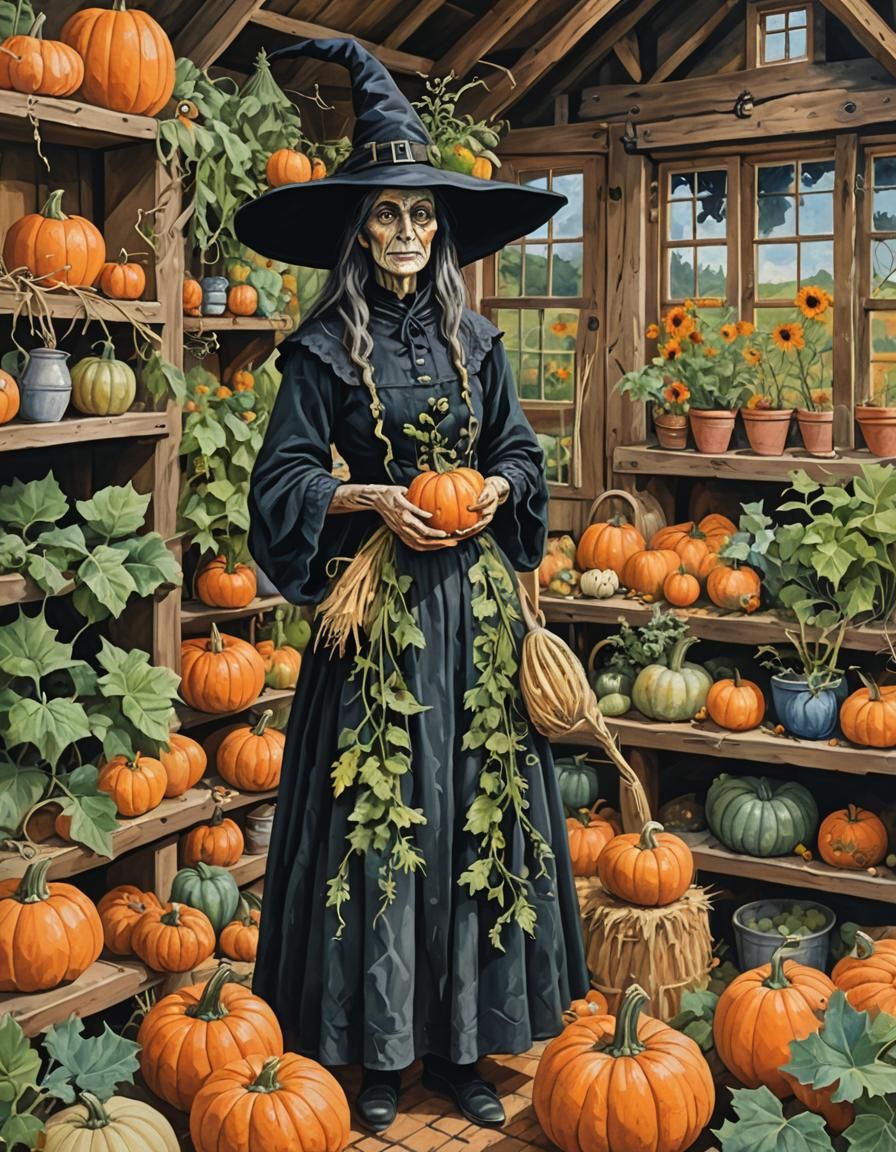 Folk Art Witch in Rustic Kitchen as Gouache Painting