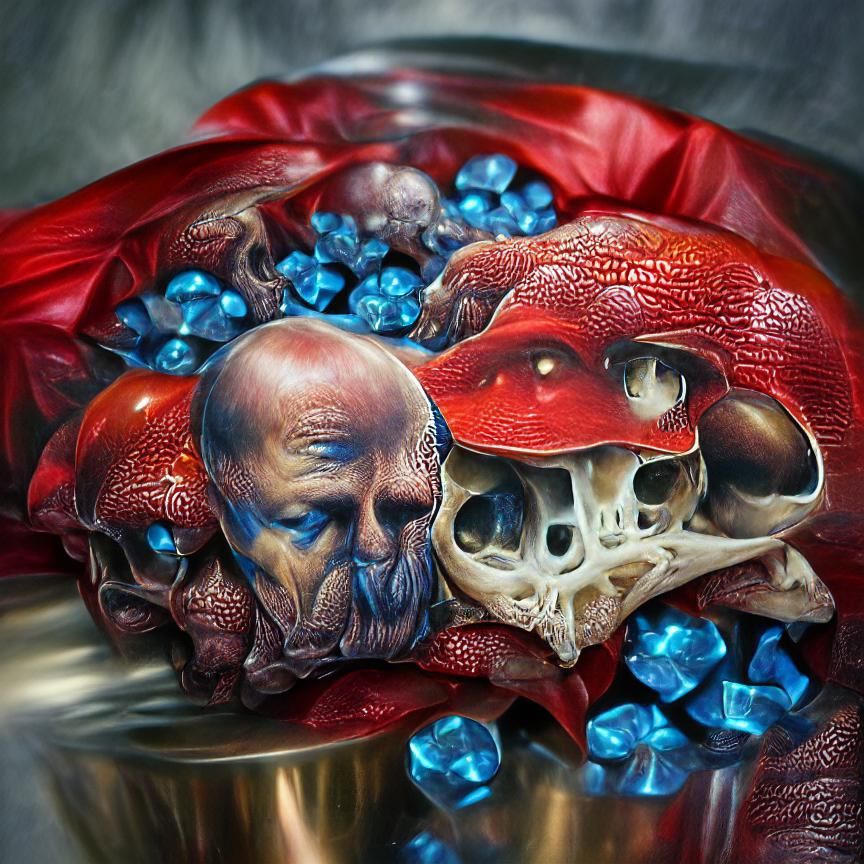 Red Mushrooms and Skull in Blue Crystals