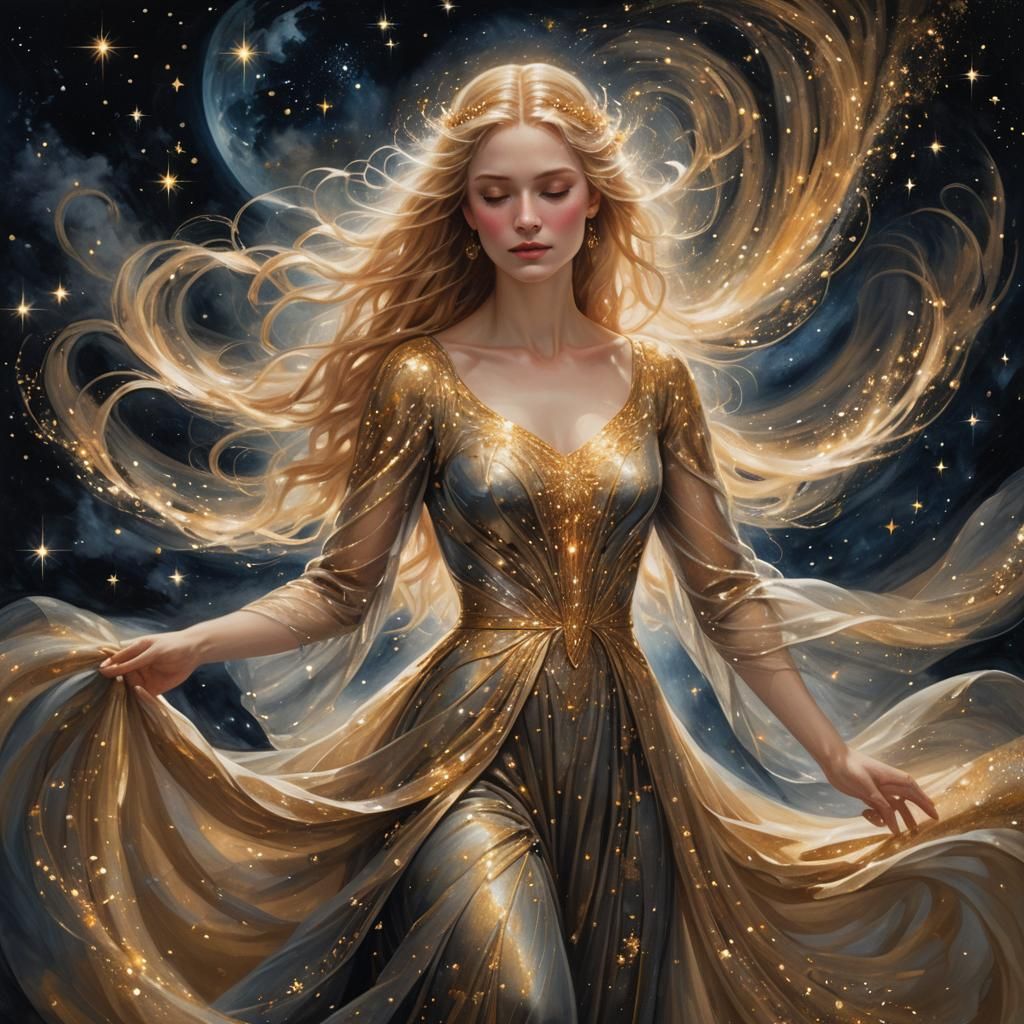 Celestial Woman in Starlight Gown: Fantasy Concept Art