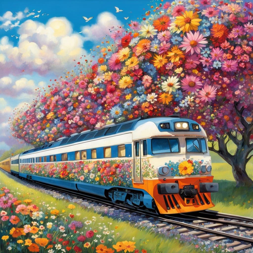 Flower-Adorned Train Travels Flowered Plain