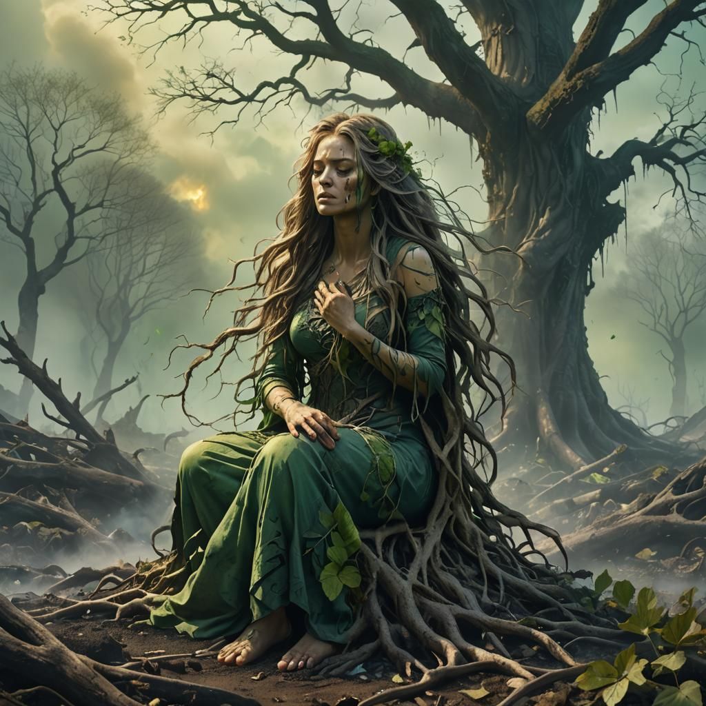 Mother Nature Cries in Polluted Landscape: Fantasy Art