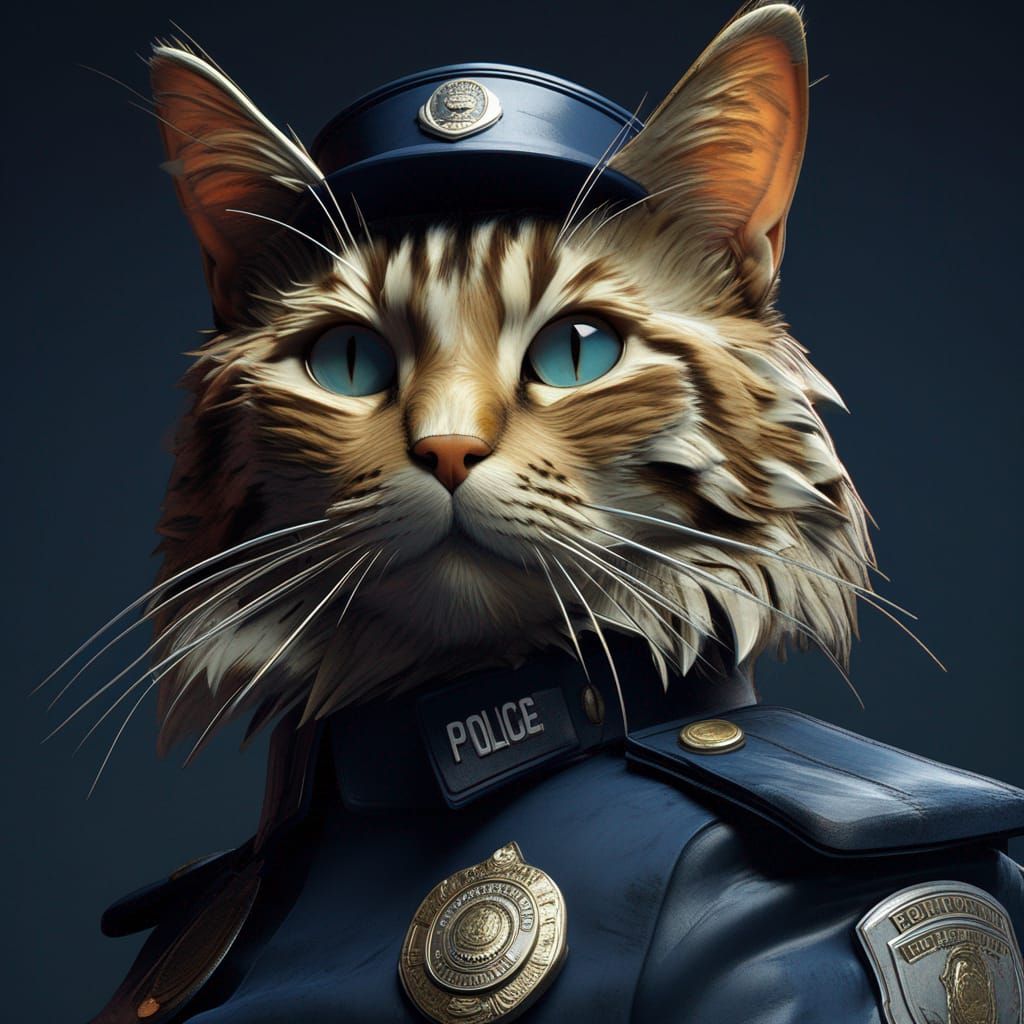 Cat in Police Uniform Portrait in Detailed Style