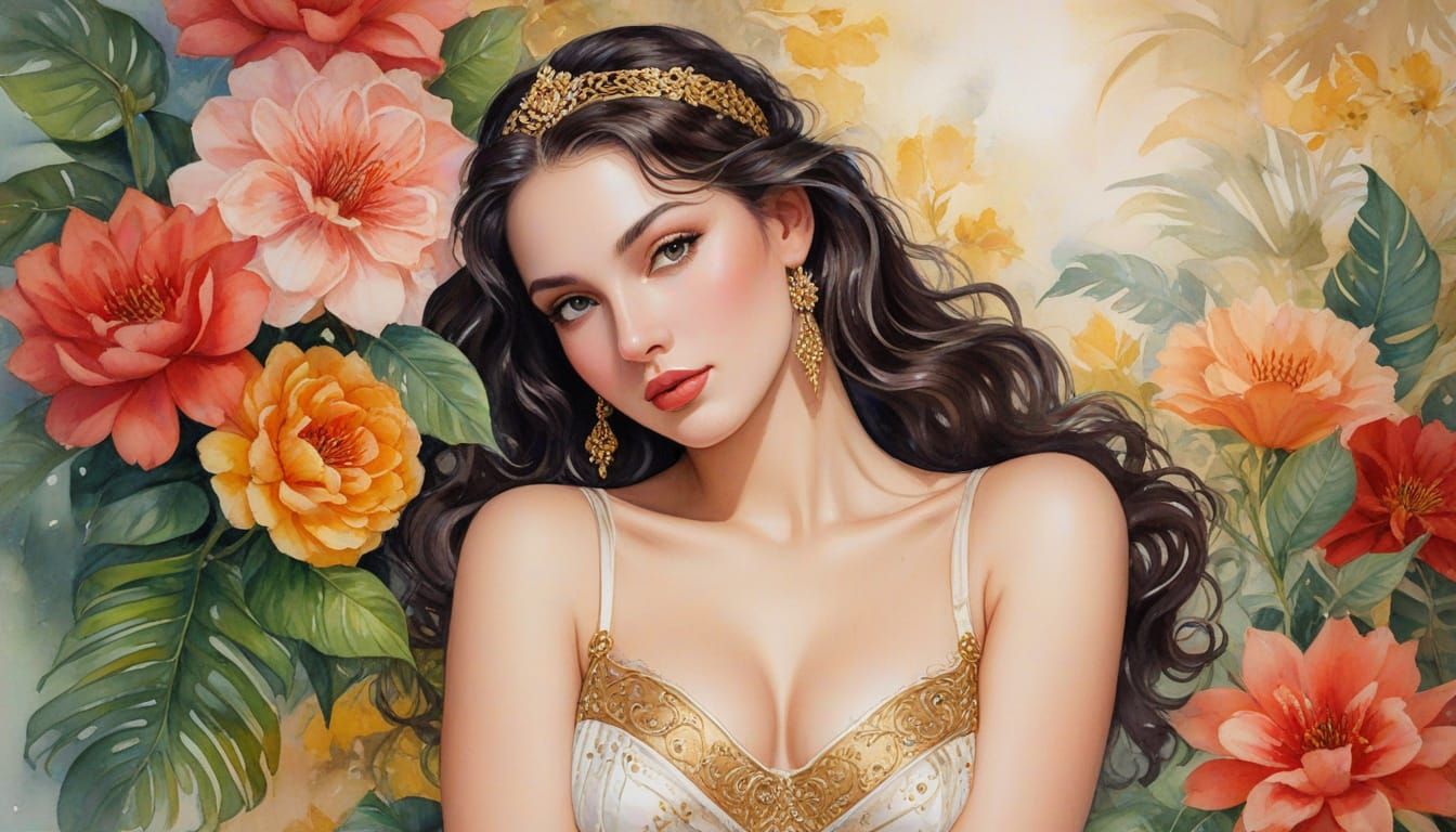 Exotic Aphrodite in Vibrant Floral Paradise
