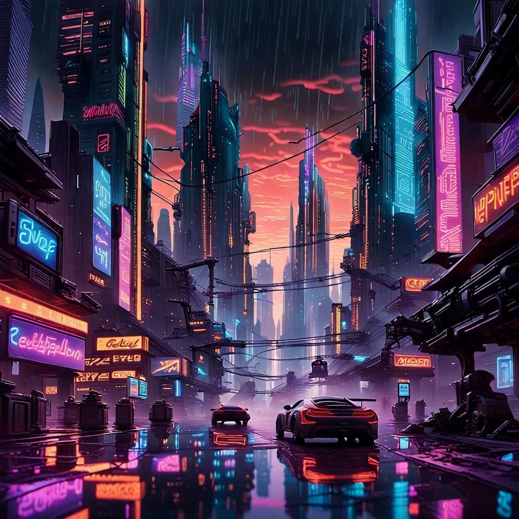 Futuristic Cyberpunk Cityscape at Sunset