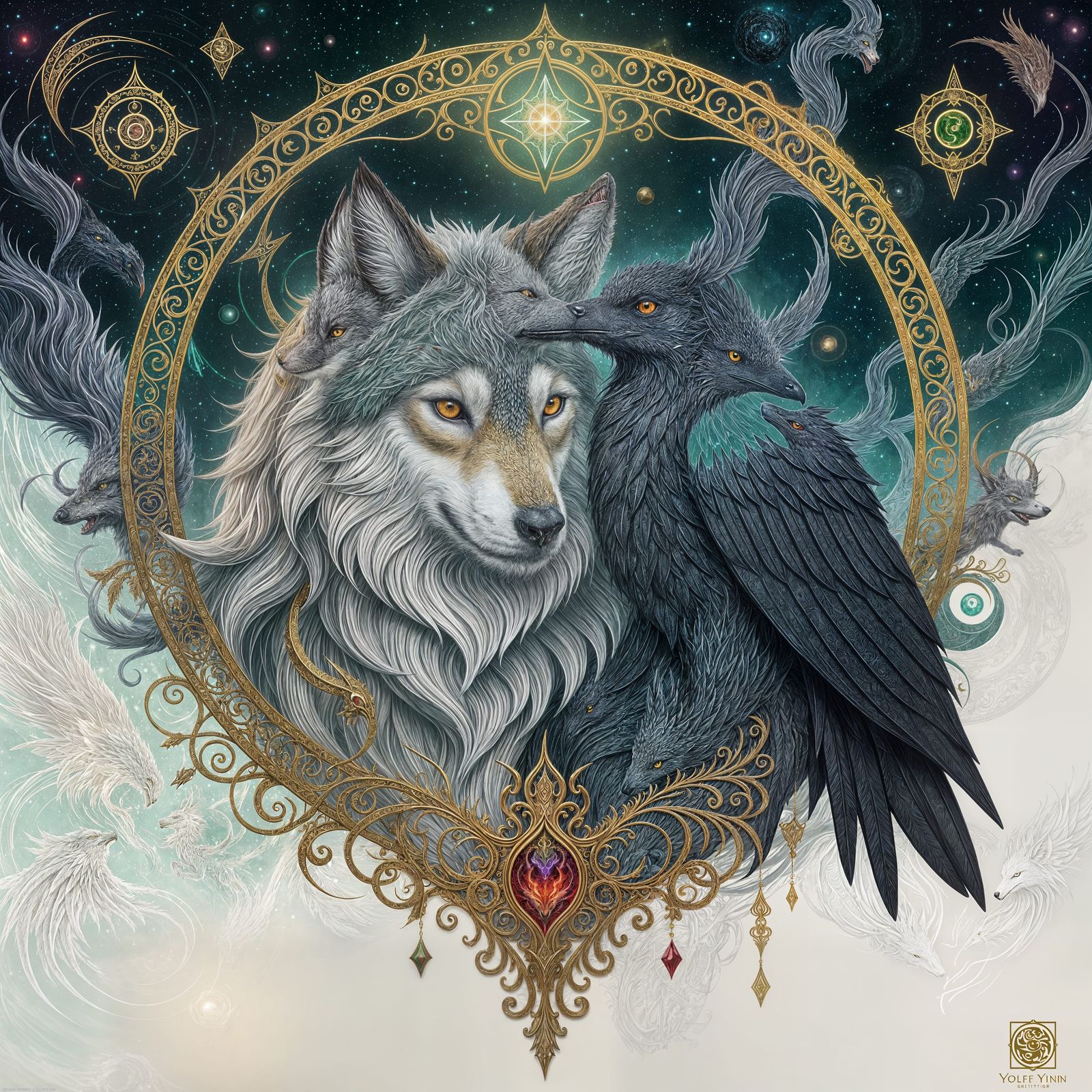 Mythical Wolf and Raven in Cosmic Balance