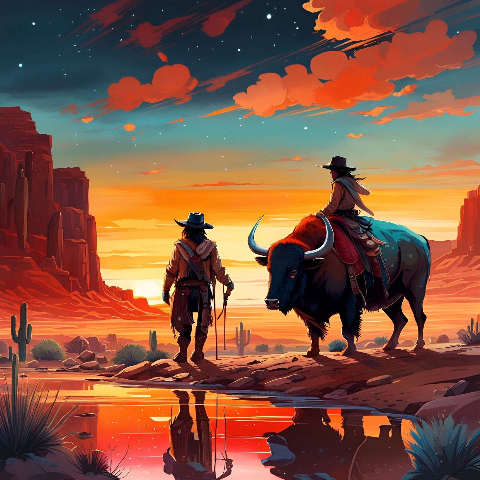 Anime Buffalo Cowboy Duel at Desert Sunset