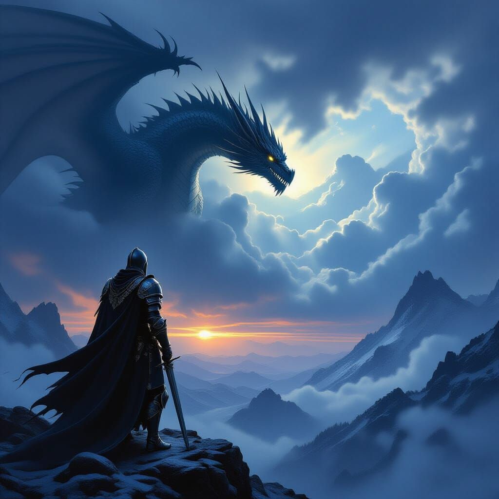 Knight Gazing at Dragon on Mountain Peak in Matte Painting S...