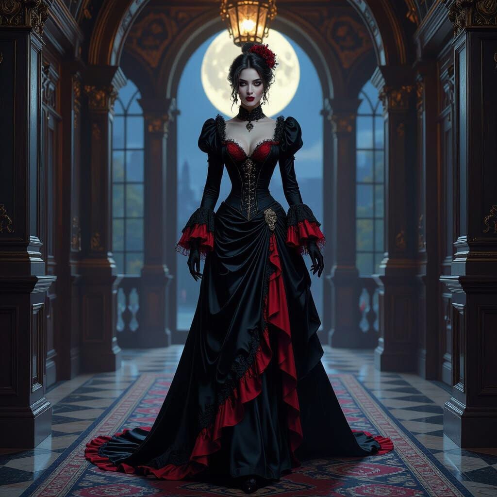Victorian Vampire in Silk Gown in Moonlit Manor