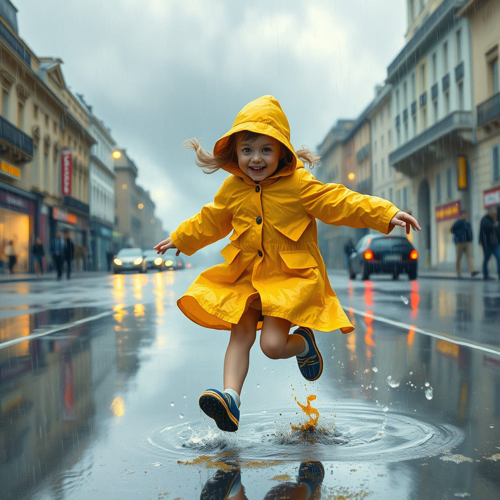 Child Spins in Rainy Landscape with Impressionist and Futuri...