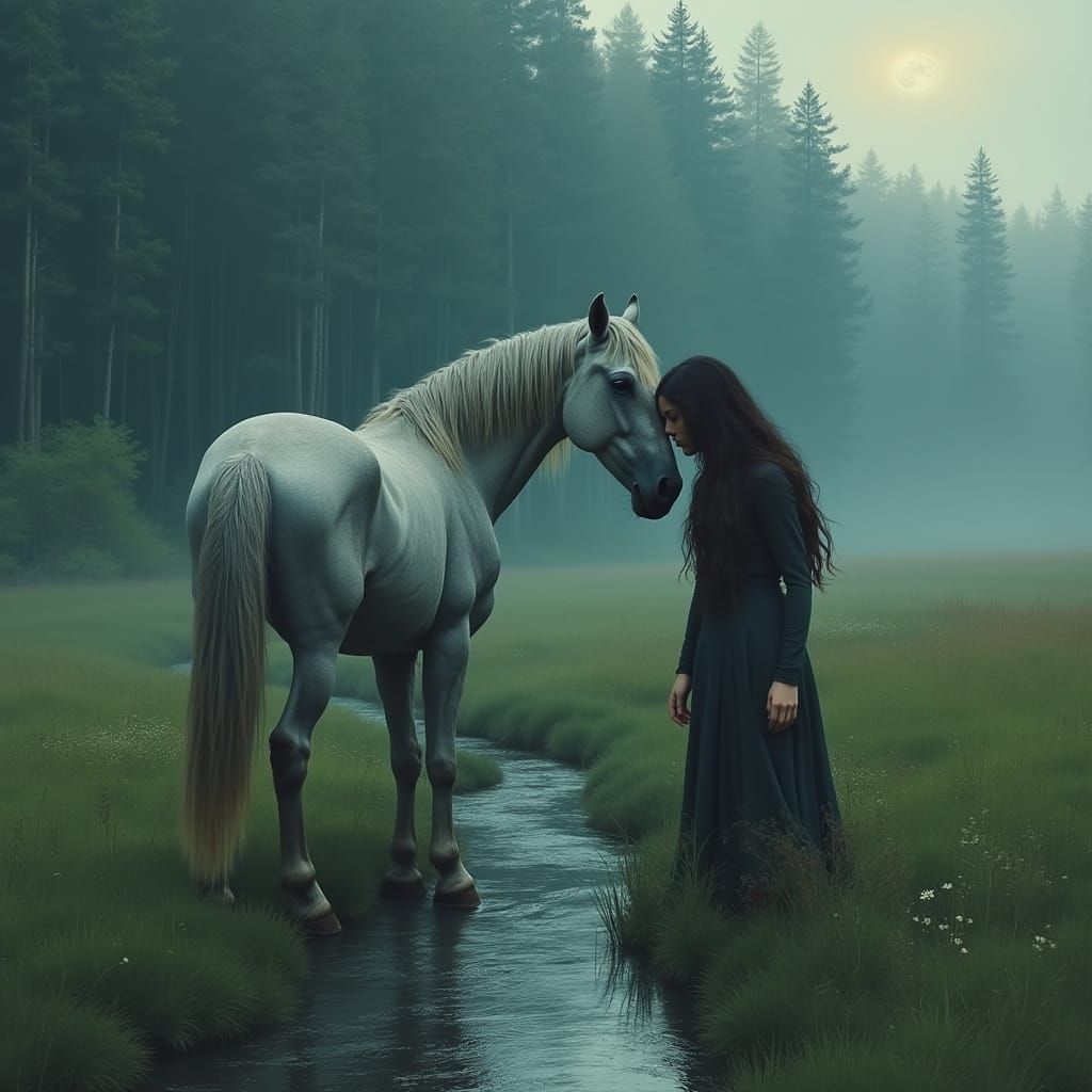 Woman Finds Solace with Horse in Misty Pasture