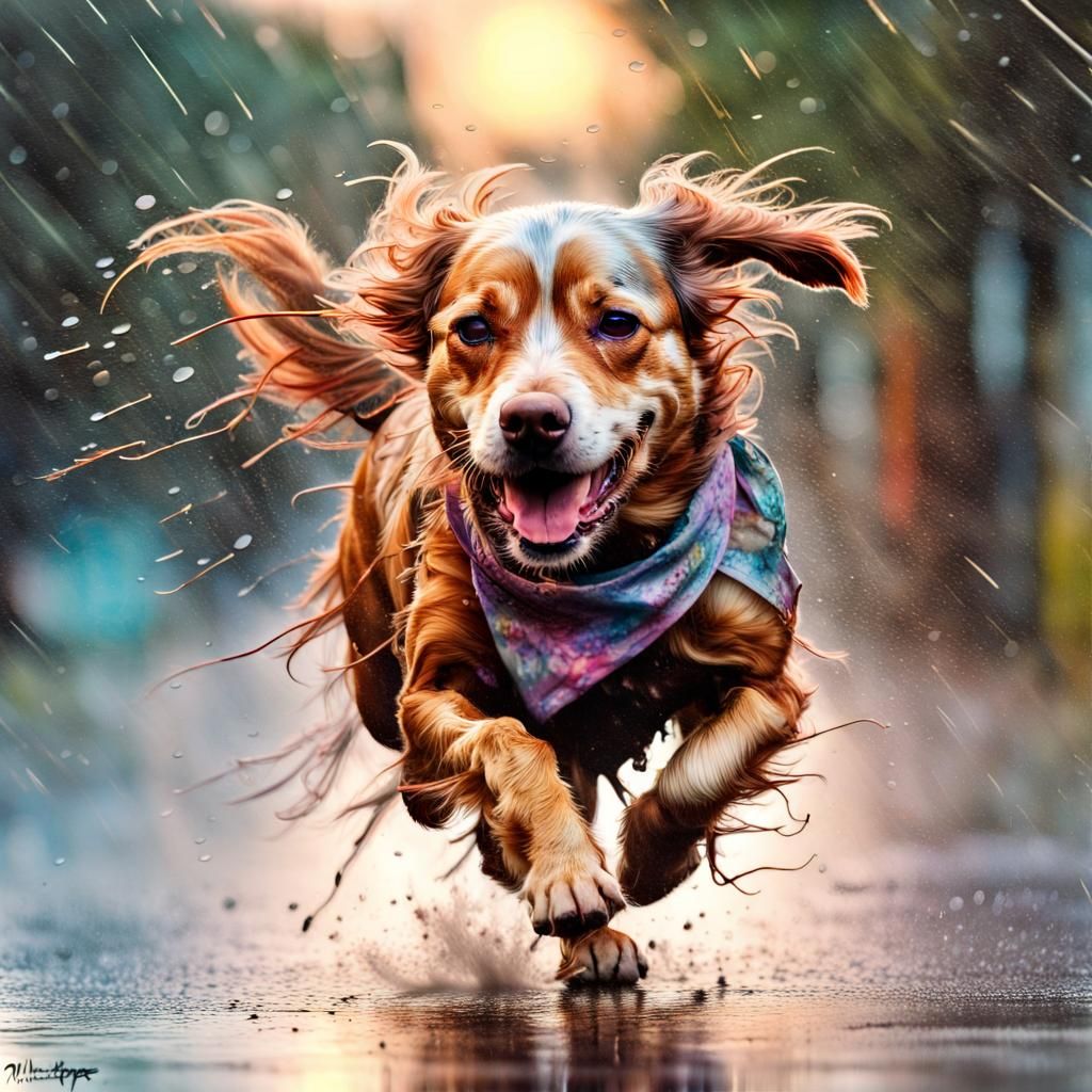 Happy Dog Running in Rainy Sunset Galaxy