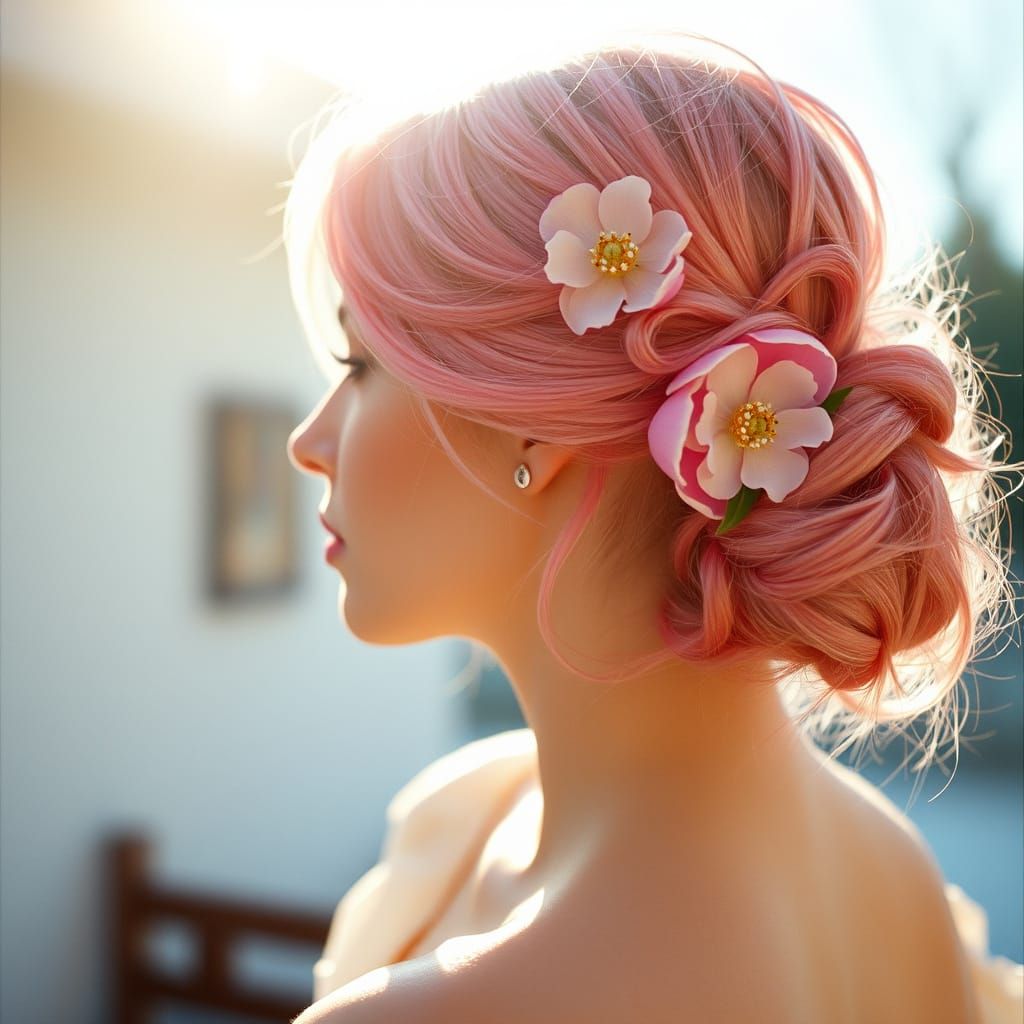 Pink-Haired Woman with Peony Hairpin in Soft Light