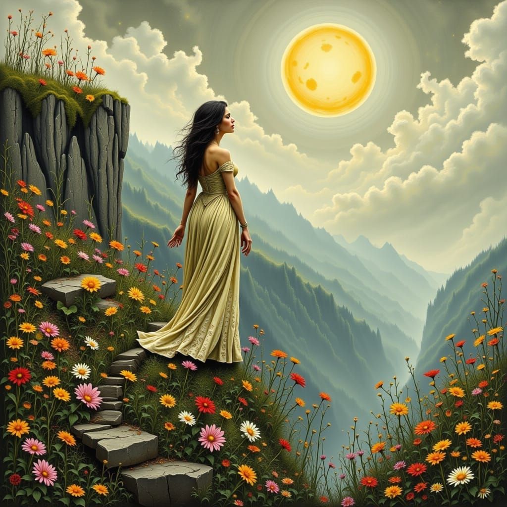 Woman on Misty Cliff in Art Nouveau Style