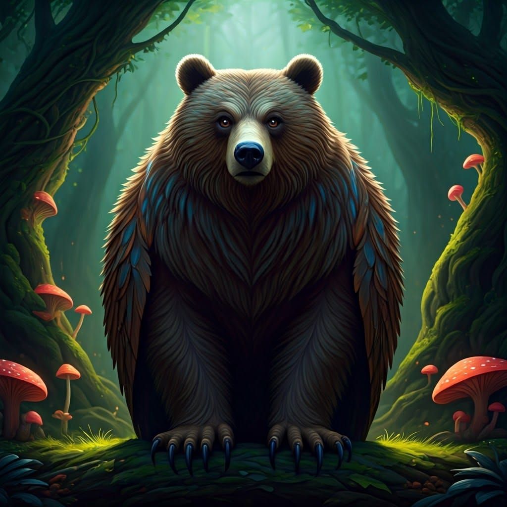 Majestic Owl-Bear Hybrid in Lush Forest