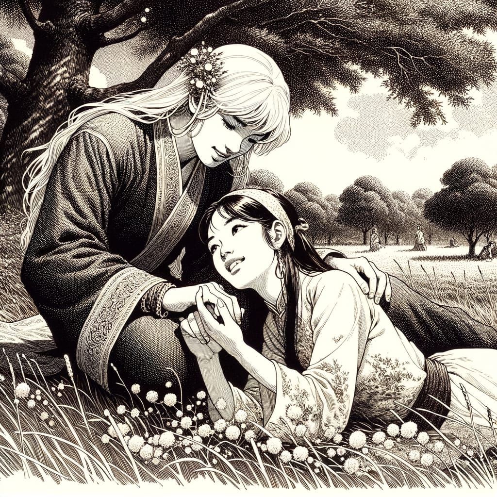 Blonde and Italian Women Cuddle in Meadow, Comic Art