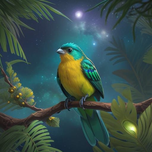 Bioluminescent Bird on Branch in Pixar Style