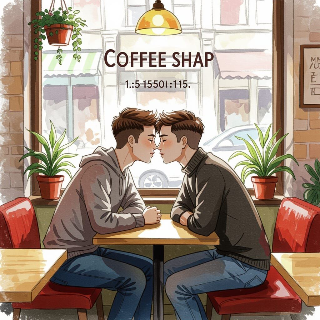 Gay Couple's Intimate Cafe Kiss: Ink Wash Art
