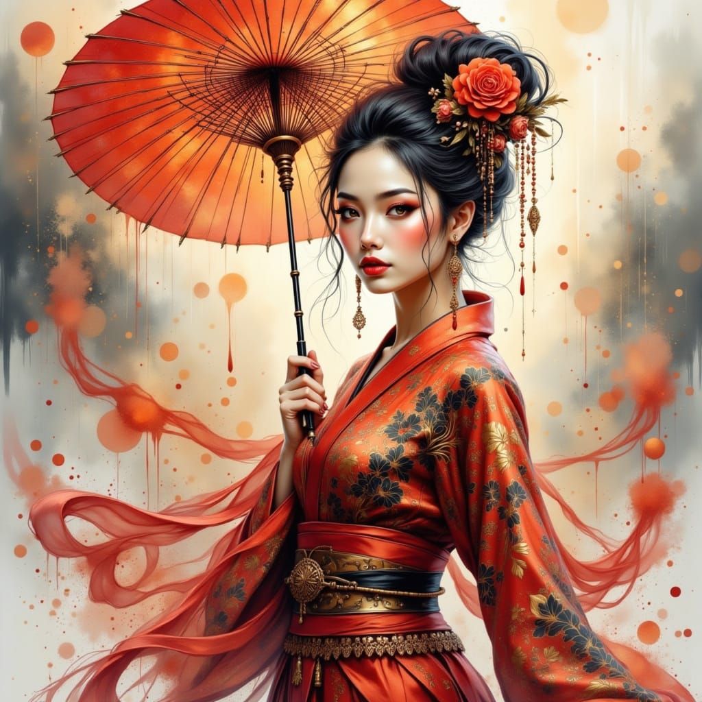 Woman Dances Gracefully With Umbrella in Ethereal Kimono