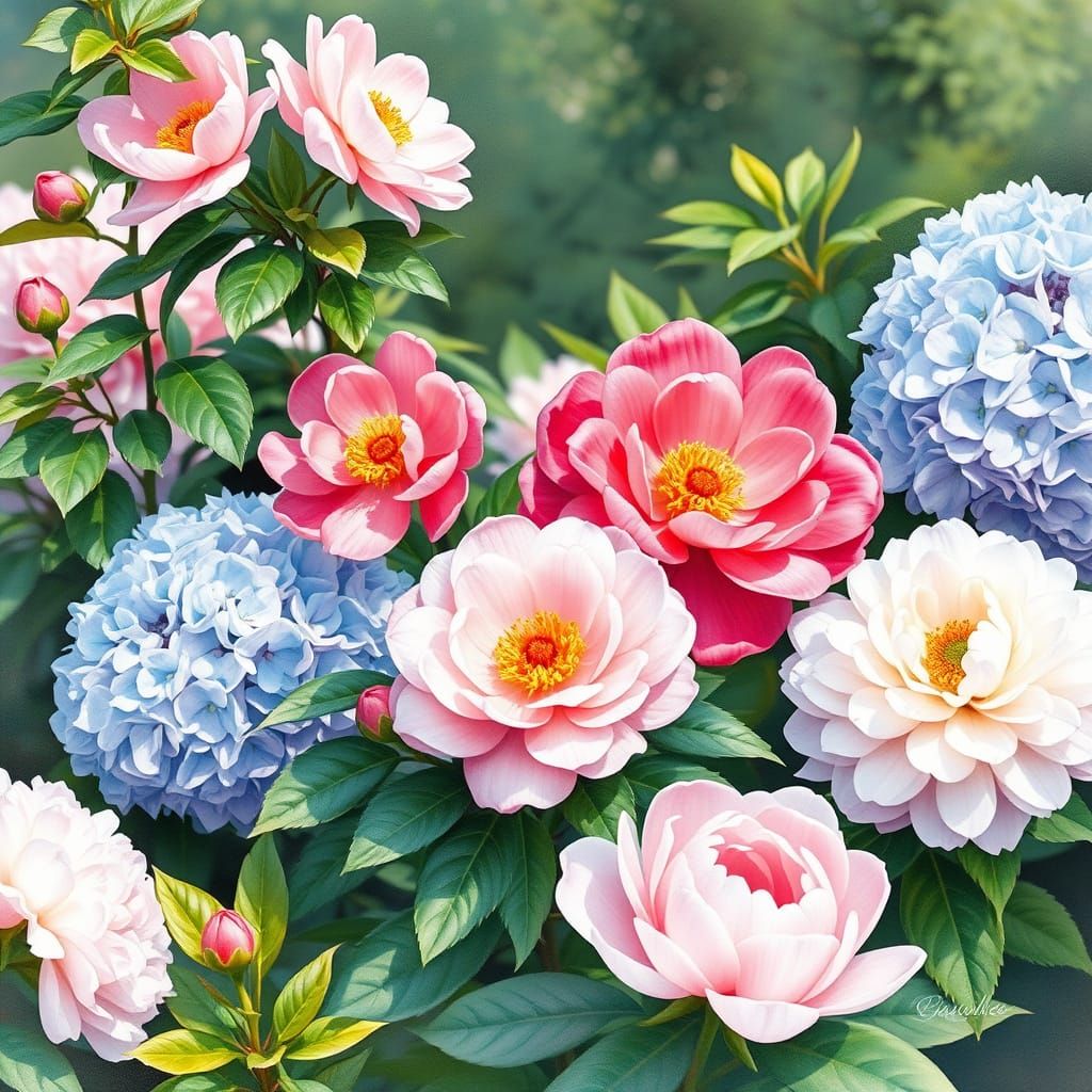 Watercolor Flower Garden with Hydrangeas and Camellias
