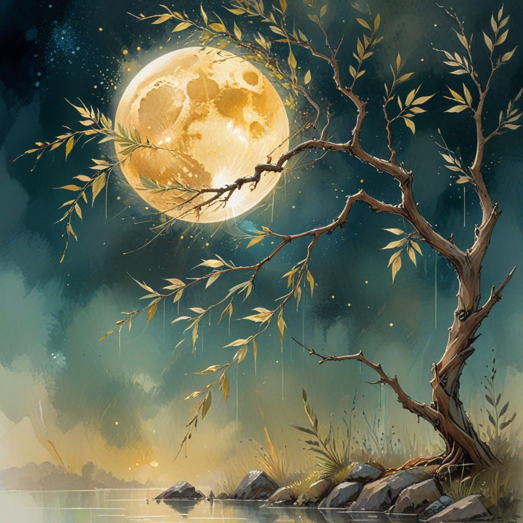 Glowing Moon Drinking From Spring: Impressionistic Gouache