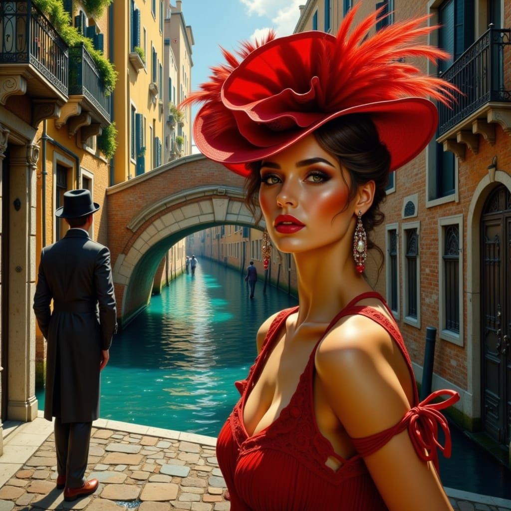 Elegant Woman in Red Dress with Feathered Hat