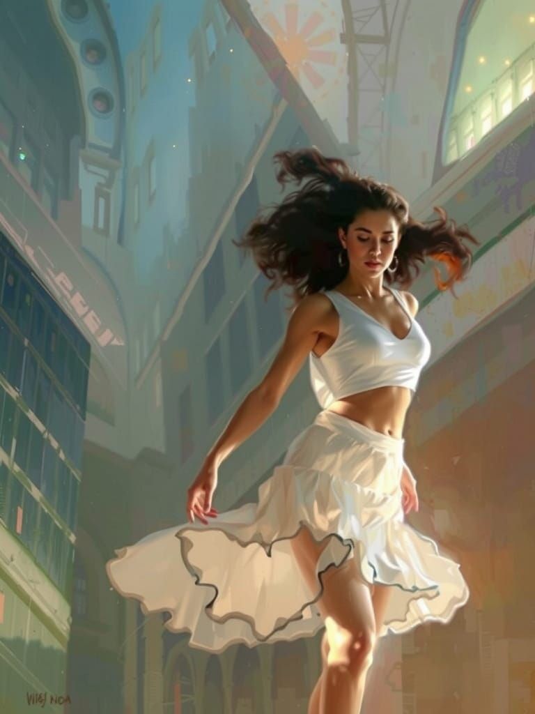 Woman in Flowing White Skirt with Dynamic Lighting