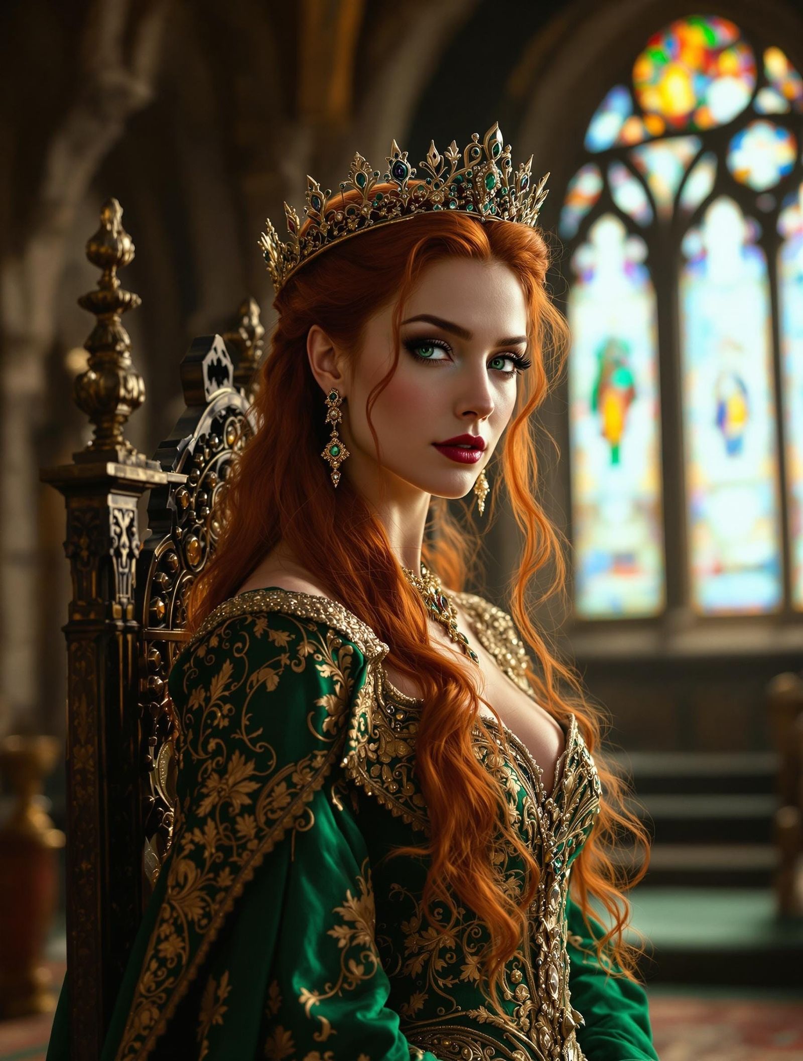 Medieval Queen in Emerald Gown: Cinematic Film Still