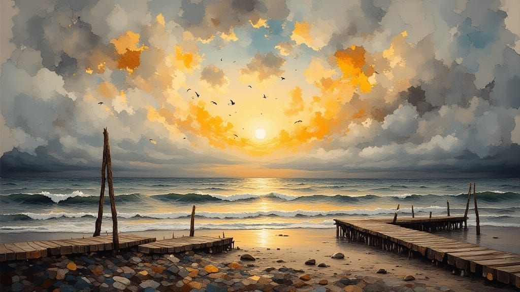 Ocean Sunset with Birds in Antique Watercolor Style