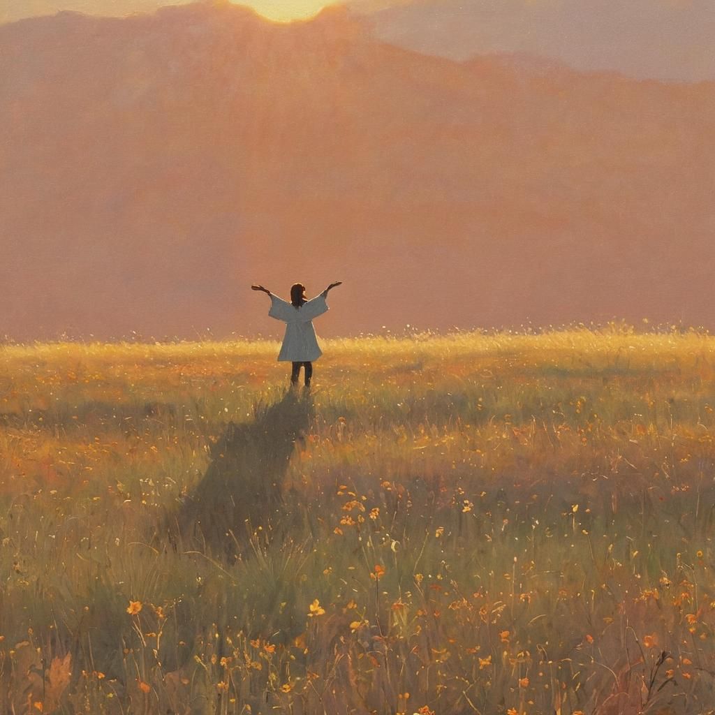 Hopeful Sunrise: Figures in a Sunlit Field