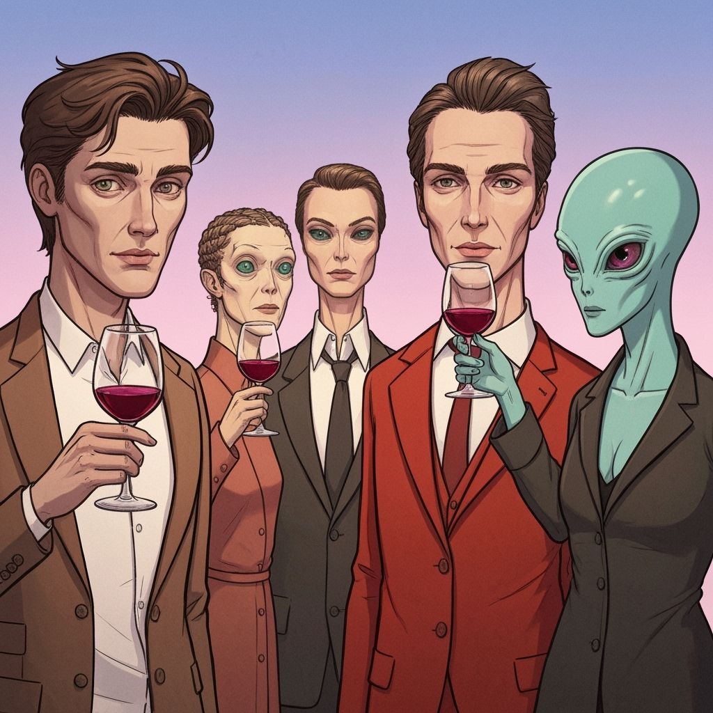 Aliens and Humans Sharing Red Wine
