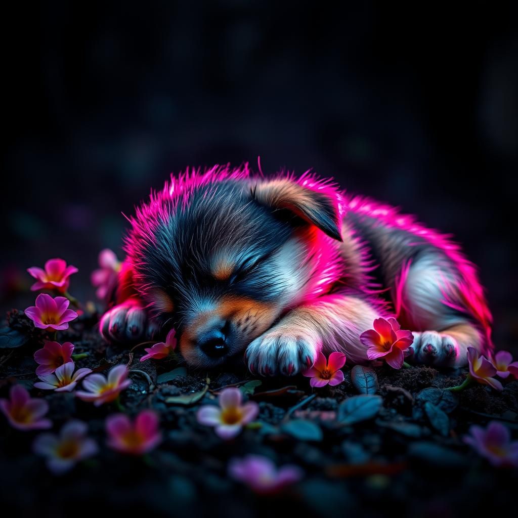 Neon Puppy Dreams in Dark Forest