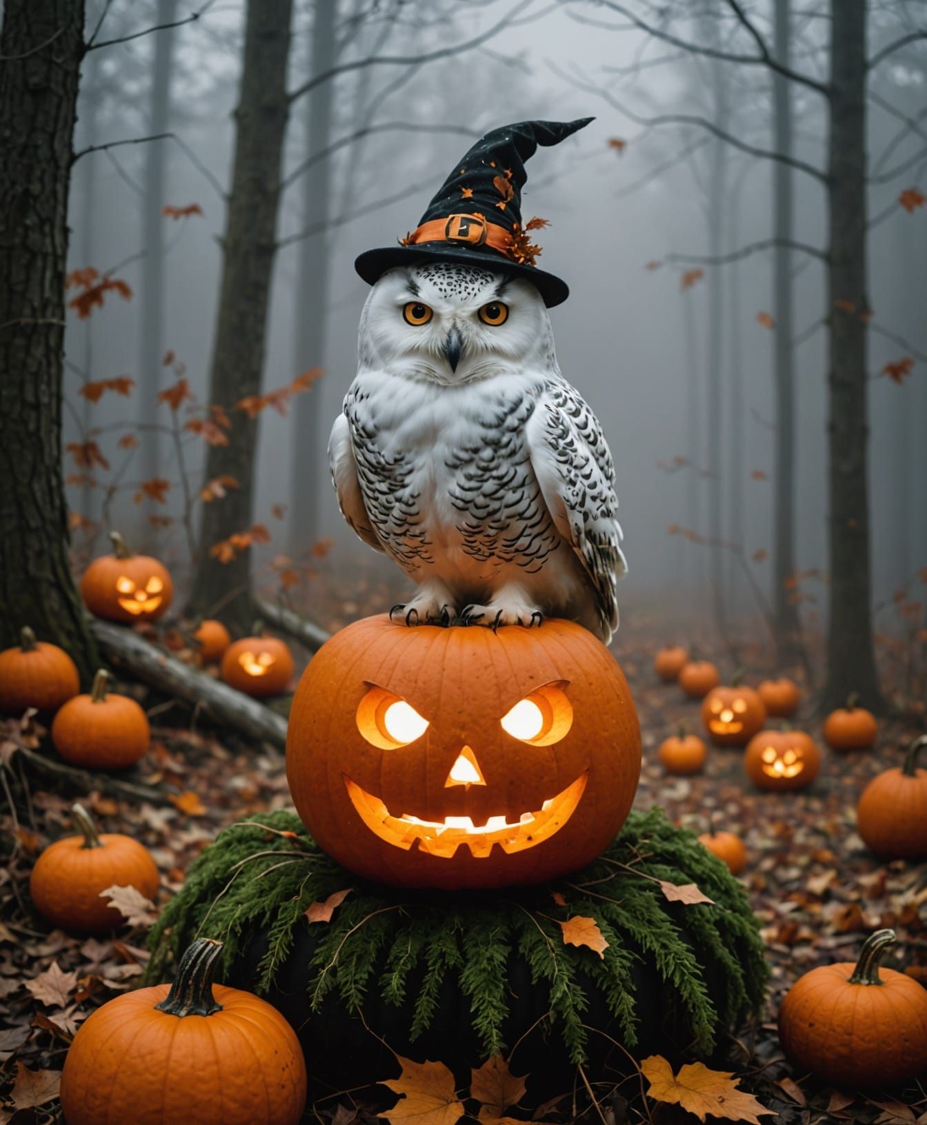 Snowy Owl in Pumpkin Hat on Jack-o'-Lantern