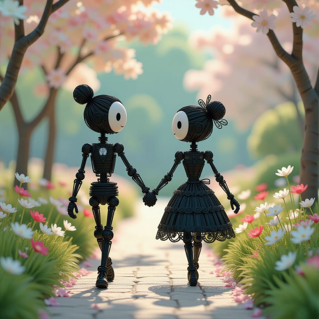 Wire Figures in Whimsical Park, Dreamlike Illustration