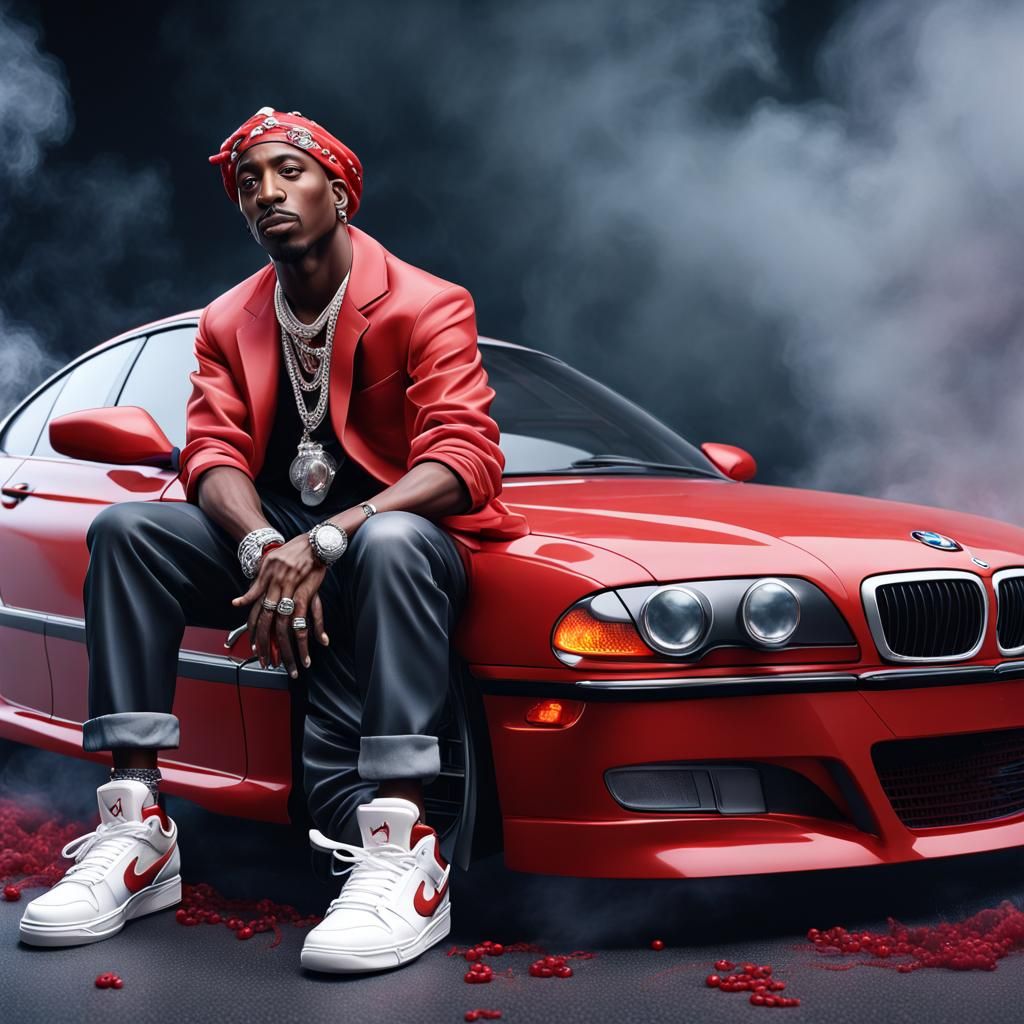 Tupac in Suit and Jordans on Red BMW