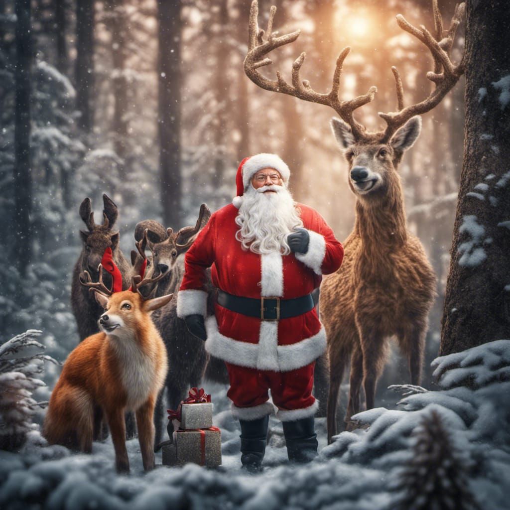 Festive Christmas Forest Scene with Santa Claus