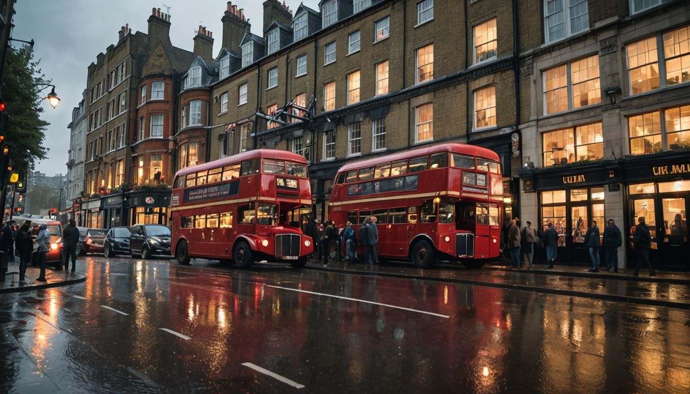 London Pub Scene with Red Bus and Rain
